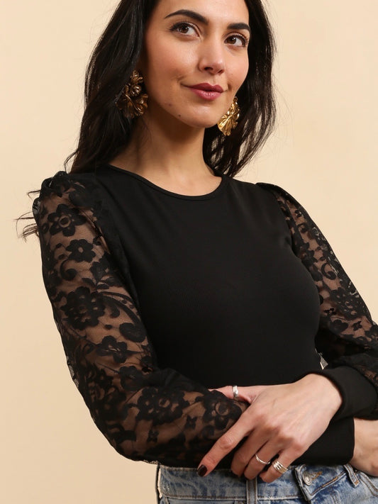 Haut Noir Manches Dentelle