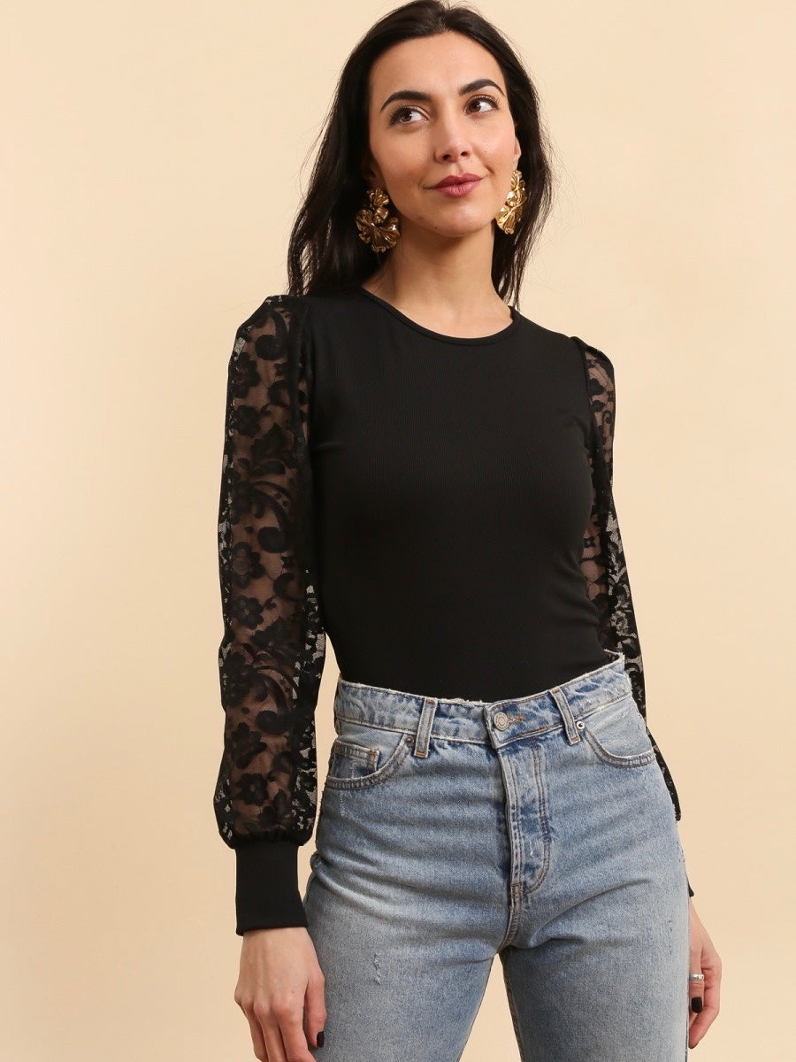 Haut Noir Manches Dentelle